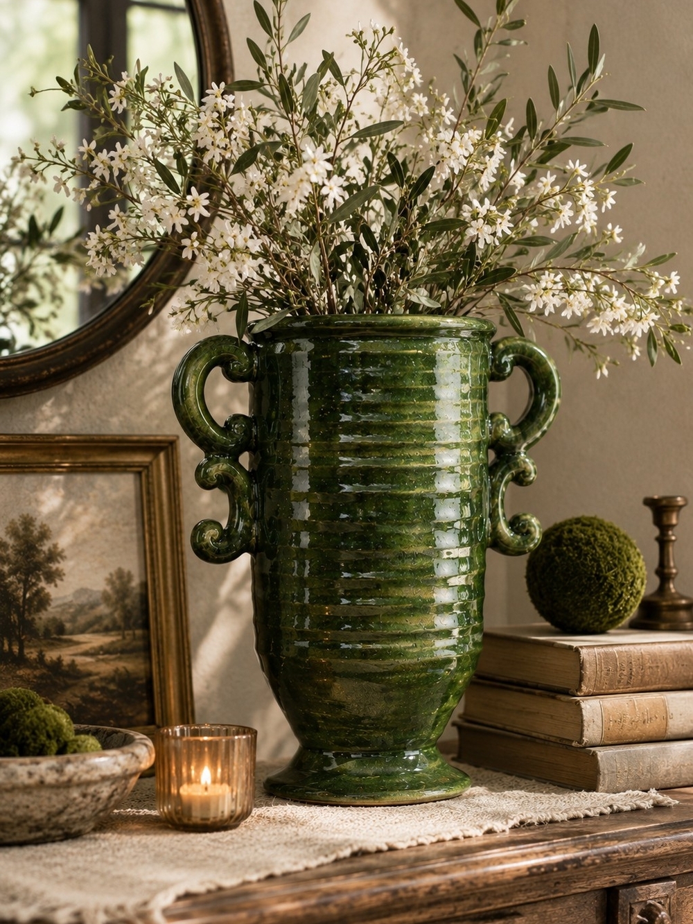 Pottery Barn Green Ceramic Ornate Handled Vase 15.75" Statement Decor